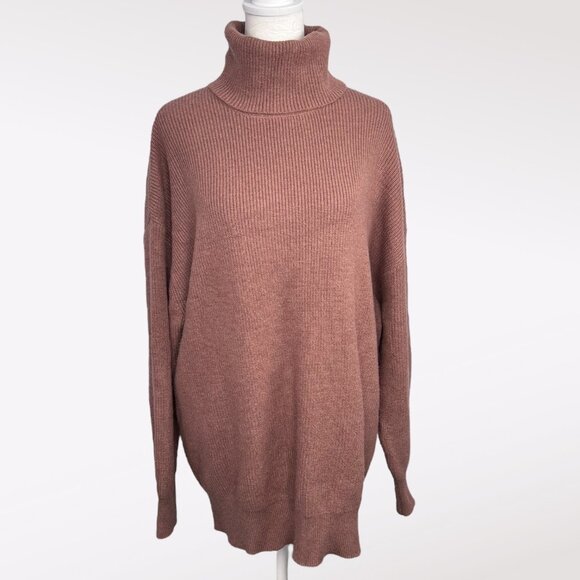Oversized Coffee Brown Rib Knit Turtleneck Sweater Size Medium Large - Picture 1 of 9
